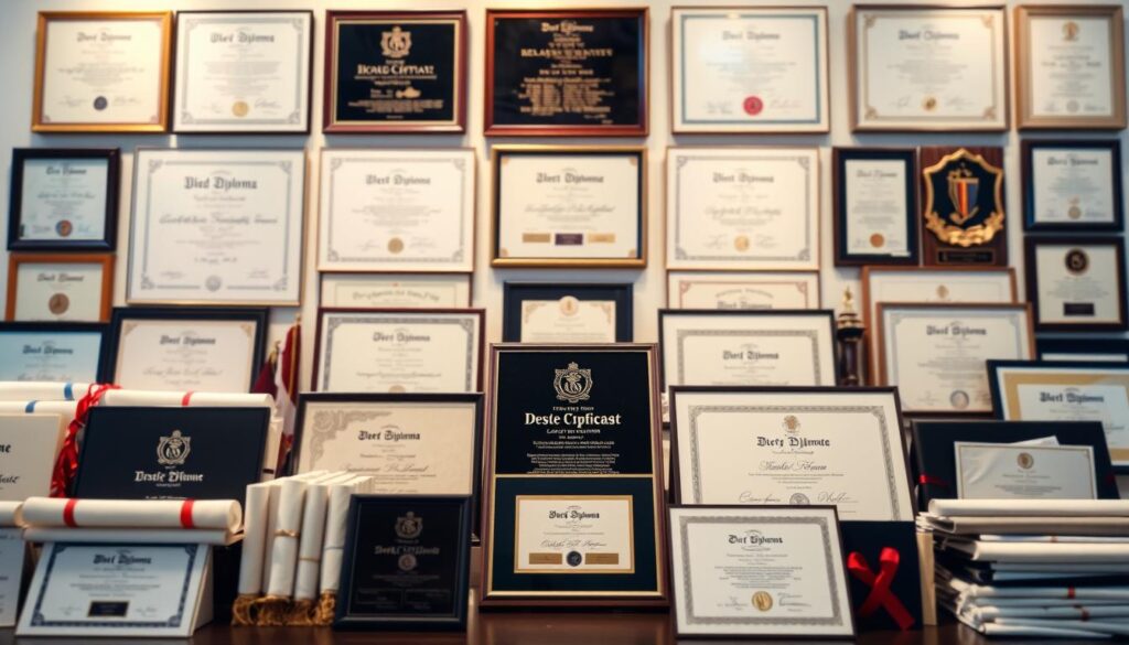 Como Comprar Diploma Valparaíso de Goiás Fácil 1 A neatly organized display of various types of diplomas, including classic academic degrees, professional certifications, and specialty awards. The foreground features a clean, well-lit arrangement of diploma scrolls, certificates, and plaques in a range of formal, elegant designs. The middle ground showcases the diversity of these credentials, with different shapes, sizes, and ornamental elements. The background softly blurs, creating a sense of depth and focus on the central display. The overall mood is one of prestige, accomplishment, and the prestigious nature of these educational and professional qualifications.