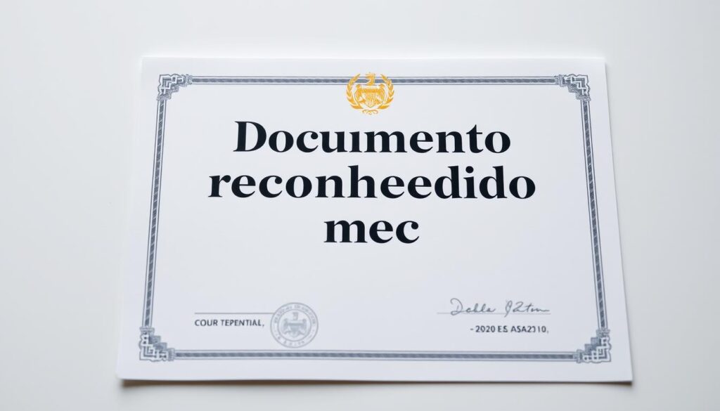 Comprar Diploma Porangatu: Guia Completo 1 A neatly organized document, resembling a government-issued certificate, prominently displays the text "Documento reconhecido mec" in an official-looking font. The document is set against a clean, neutral background, lending an air of professionalism and legitimacy. The lighting is soft and evenly distributed, accentuating the crisp details of the document's design. The camera angle is slightly elevated, creating a sense of authority and importance. The overall mood is one of authenticity and credibility, reflecting the confidence and trust associated with a reputable educational credential.