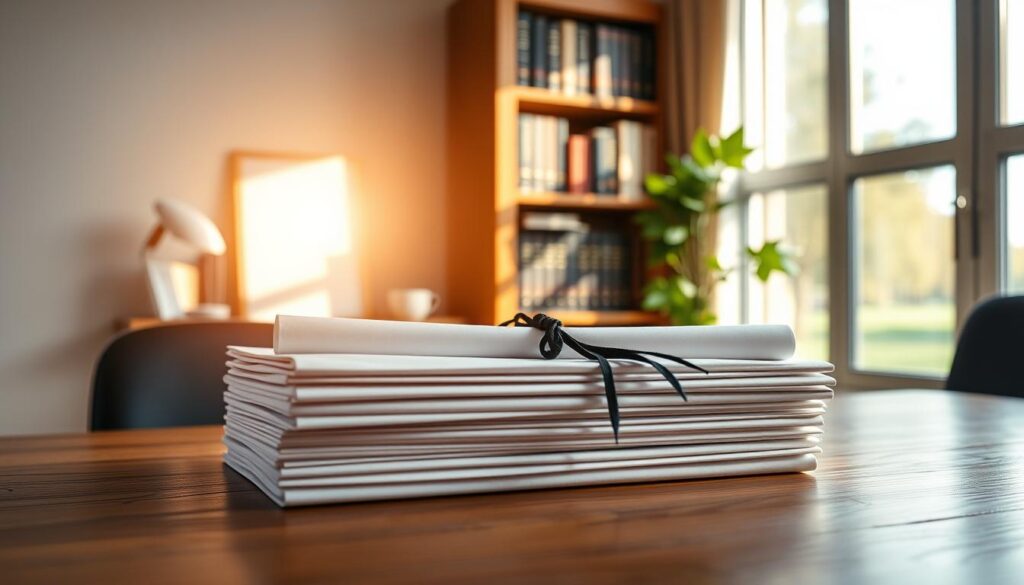 Como Comprar Diploma Valparaíso de Goiás Fácil 2 A neatly organized office scene with a stack of graduation diplomas placed prominently on a wooden desk. The diplomas are presented against a soft, warm lighting that casts a gentle glow, creating an atmosphere of accomplishment and anticipation. In the background, a bookshelf filled with academic volumes and a window offering a view of a serene, sun-dappled landscape. The overall composition conveys a sense of timely delivery, academic excellence, and the pride associated with earning a diploma.