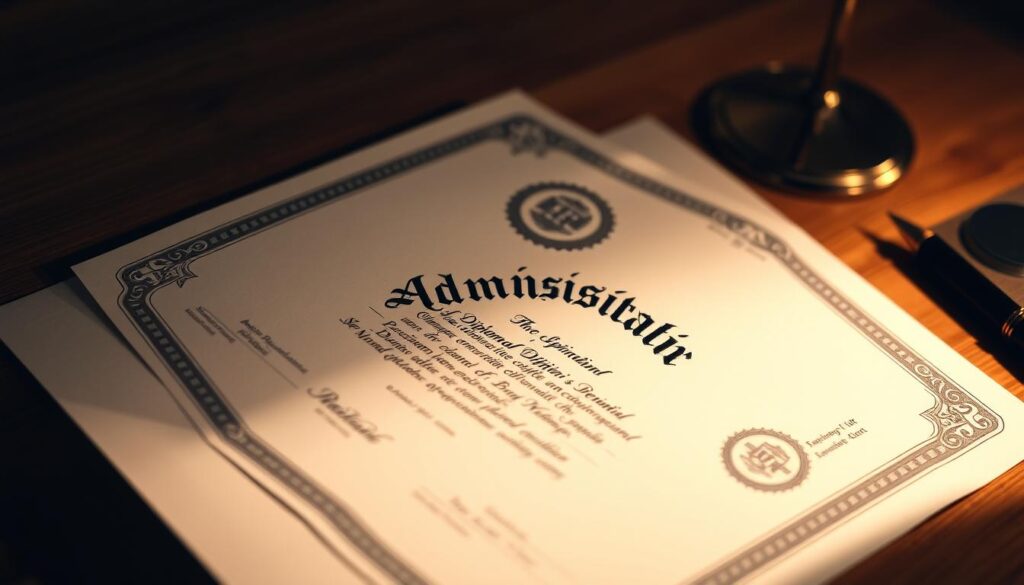 A prestigious-looking diploma certificate in administration, displayed on a wooden desktop with a subtle background. The diploma is highlighted with a warm, directional lighting, creating depth and showcasing its intricate design elements. The certificate features an official-looking seal, calligraphic text, and decorative borders, exuding a sense of legitimacy and authority. The overall composition conveys the impression of a legitimate, recognized administrative degree that can be obtained through proper channels. A prestigious-looking diploma certificate in administration, displayed on a wooden desktop with a subtle background. The diploma is highlighted with a warm, directional lighting, creating depth and showcasing its intricate design elements. The certificate features an official-looking seal, calligraphic text, and decorative borders, exuding a sense of legitimacy and authority. The overall composition conveys the impression of a legitimate, recognized administrative degree that can be obtained through proper channels.