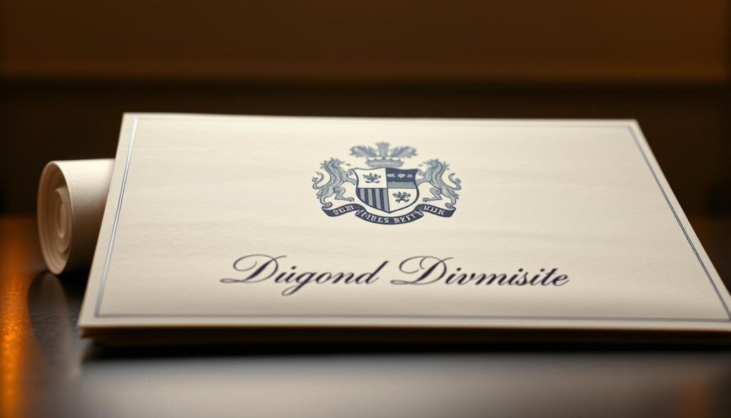 A prestigious university's coat of arms emblazoned on a tactile, embossed diploma certificate. The document exudes an aura of authority and credibility, its crisp edges and elegant cursive script conveying a sense of security and reliability. Warm lighting casts a subtle glow, highlighting the premium materials and meticulous craftsmanship. The diploma is set against a muted, sophisticated backdrop, evoking an atmosphere of academic rigor and institutional legitimacy. Every detail, from the watermarked paper to the official university seal, underscores the diploma's authenticity and the prestige it represents. A prestigious university's coat of arms emblazoned on a tactile, embossed diploma certificate. The document exudes an aura of authority and credibility, its crisp edges and elegant cursive script conveying a sense of security and reliability. Warm lighting casts a subtle glow, highlighting the premium materials and meticulous craftsmanship. The diploma is set against a muted, sophisticated backdrop, evoking an atmosphere of academic rigor and institutional legitimacy. Every detail, from the watermarked paper to the official university seal, underscores the diploma's authenticity and the prestige it represents.
