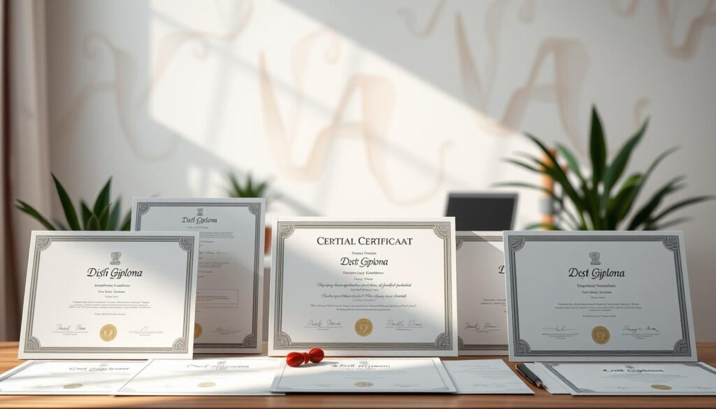 Comprar Diploma Senador Canedo: O que Você Precisa Saber 2 A professional certification display featuring various diploma types in a minimalist, modern design. The foreground showcases diploma certificates in diverse layouts and designs, with clean lines, elegant typography, and subtle embellishments. The middle ground depicts a serene office setting with a wooden desk, potted plants, and a laptop, creating a tranquil, focused atmosphere. The background features soft, muted colors and a blurred, abstract pattern, providing a calming and sophisticated ambiance. The lighting is natural and diffused, casting gentle shadows and highlighting the textural details of the certifications. The overall composition conveys a sense of professionalism, credibility, and achievement.