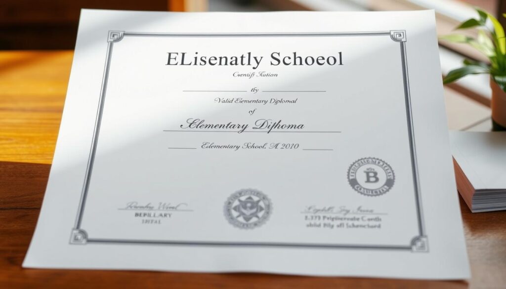 A realistic document of a valid elementary school certificate, with a clean, minimalist design. The certificate is displayed on a wooden desk, with a simple yet elegant frame. The lighting is soft and natural, creating a warm and professional atmosphere. The certificate's details are clearly visible, including the official seals, signatures, and any relevant security features. The background is slightly blurred, keeping the focus on the certificate itself. The overall impression is one of authenticity and legitimacy, reflecting the trust and value associated with a valid elementary school diploma. A realistic document of a valid elementary school certificate, with a clean, minimalist design. The certificate is displayed on a wooden desk, with a simple yet elegant frame. The lighting is soft and natural, creating a warm and professional atmosphere. The certificate's details are clearly visible, including the official seals, signatures, and any relevant security features. The background is slightly blurred, keeping the focus on the certificate itself. The overall impression is one of authenticity and legitimacy, reflecting the trust and value associated with a valid elementary school diploma.