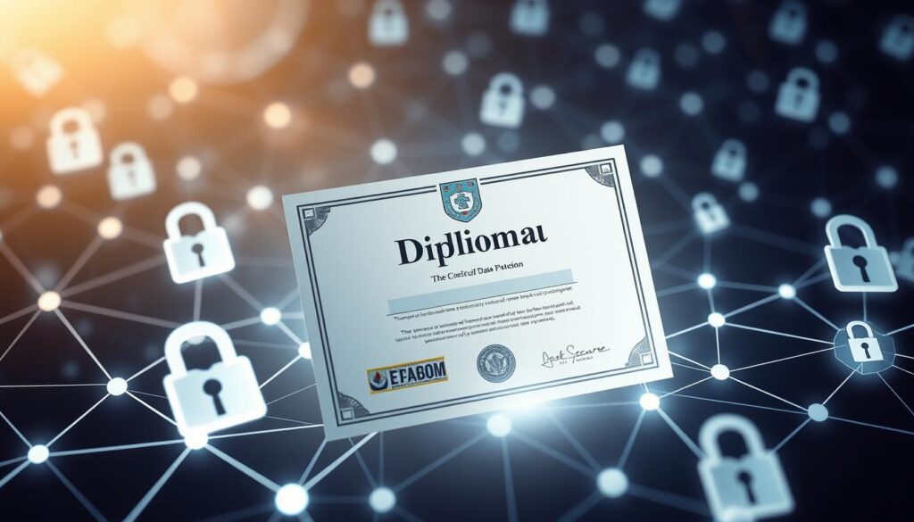 Comprar Diploma Inhumas: Diplomas Personalizados 1 A secure and confidential data protection landscape, with a central diploma certificate floating amidst a network of interconnected digital security elements. Soft, diffused lighting illuminates the scene, creating a sense of trust and reliability. The diploma is rendered in intricate detail, showcasing its authenticity and secure nature. Surrounding it, geometric shapes, lock icons, and data visualization motifs suggest advanced encryption and access control mechanisms. The overall composition conveys the importance of safeguarding sensitive educational credentials in the digital age.