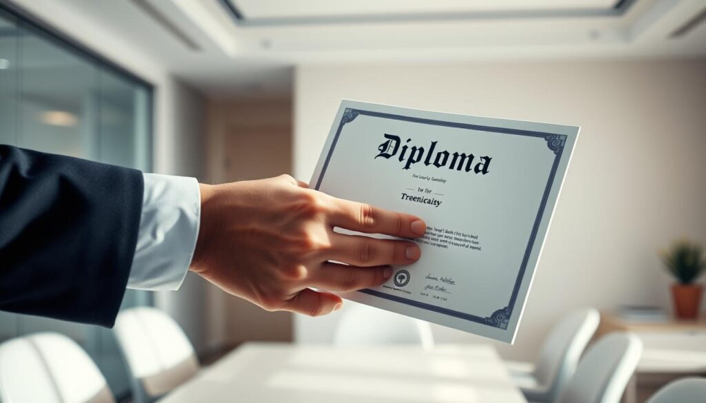 A secure and trustworthy transaction of obtaining a university diploma. A professional hand carefully inspecting a diploma document, ensuring its authenticity and legitimacy. The background features a modern, minimalist office setting with clean lines and neutral tones, conveying a sense of professionalism and reliability. Soft, directional lighting from the side casts subtle shadows, adding depth and dimension to the scene. The overall mood is one of confidence, attention to detail, and a commitment to providing a safe and secure diploma purchasing experience.