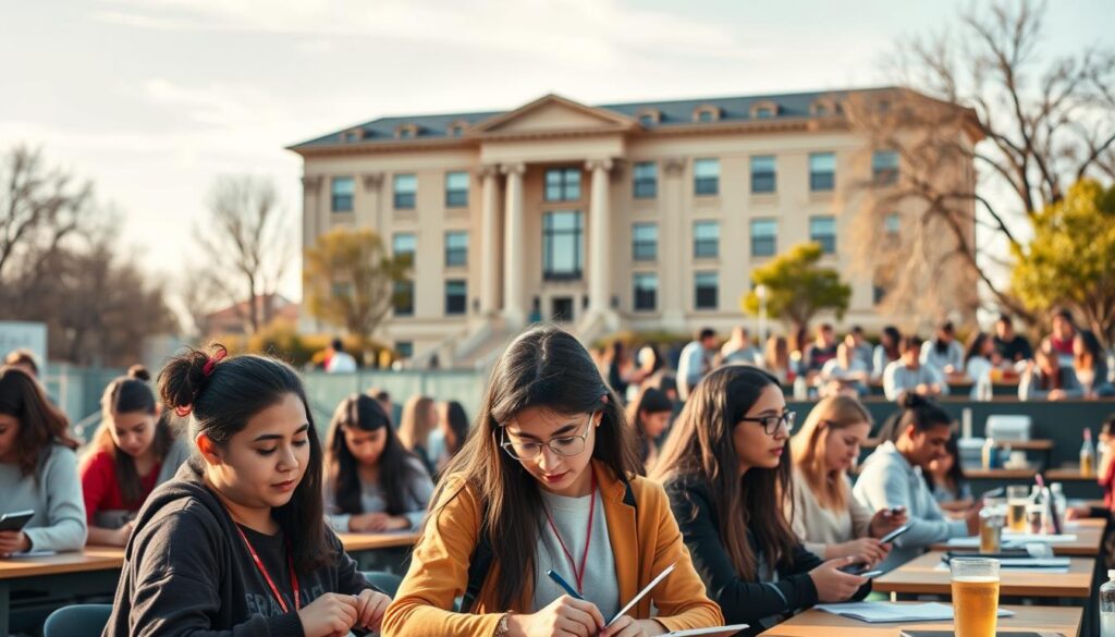 A serene academic setting, showcasing a diverse array of graduation and technical courses. In the foreground, students earnestly engage in hands-on learning, their expressions focused and determined. The middle ground features a range of classroom environments, from modern laboratories to traditional lecture halls, each evoking a sense of intellectual rigor. In the background, a stately university building stands, its architecture a blend of classic and contemporary design, symbolizing the institution's commitment to academic excellence. Warm, natural lighting filters through large windows, creating a welcoming and inspiring atmosphere. The overall scene conveys the breadth of educational opportunities available, catering to a wide range of interests and aspirations. A serene academic setting, showcasing a diverse array of graduation and technical courses. In the foreground, students earnestly engage in hands-on learning, their expressions focused and determined. The middle ground features a range of classroom environments, from modern laboratories to traditional lecture halls, each evoking a sense of intellectual rigor. In the background, a stately university building stands, its architecture a blend of classic and contemporary design, symbolizing the institution's commitment to academic excellence. Warm, natural lighting filters through large windows, creating a welcoming and inspiring atmosphere. The overall scene conveys the breadth of educational opportunities available, catering to a wide range of interests and aspirations.