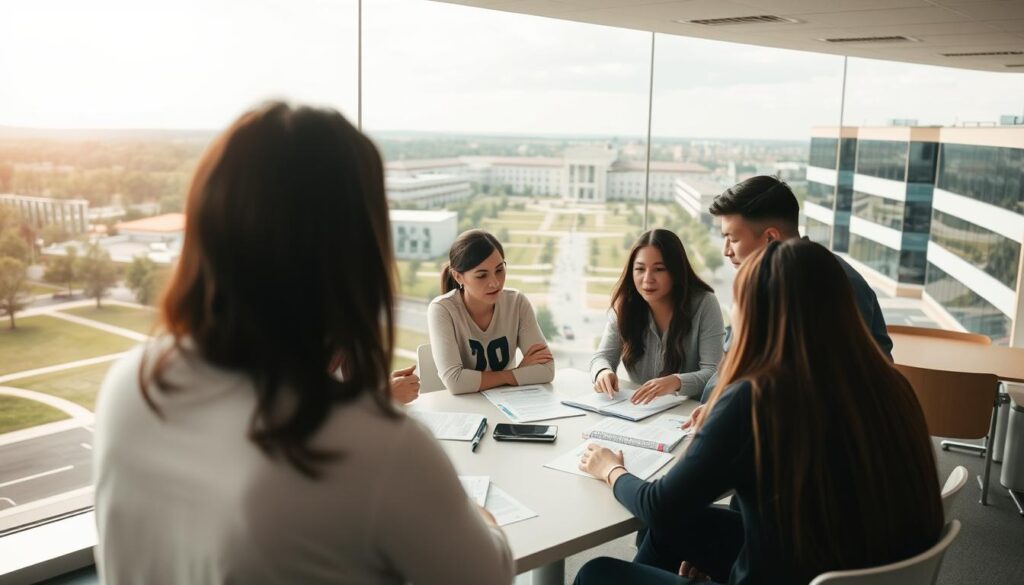 A serene academic setting, with students and educators engaged in thoughtful discussion. The foreground features a group of people gathered around a table, exchanging ideas and collaborating on educational materials. Soft, warm lighting creates an atmosphere of trust and security, while the middle ground showcases a modern, well-equipped classroom with state-of-the-art technology. In the background, a sprawling campus with well-maintained grounds and buildings, symbolizing the institution's commitment to safety and reliability. The overall scene conveys a sense of professionalism, diligence, and the pursuit of knowledge in a secure educational environment. A serene academic setting, with students and educators engaged in thoughtful discussion. The foreground features a group of people gathered around a table, exchanging ideas and collaborating on educational materials. Soft, warm lighting creates an atmosphere of trust and security, while the middle ground showcases a modern, well-equipped classroom with state-of-the-art technology. In the background, a sprawling campus with well-maintained grounds and buildings, symbolizing the institution's commitment to safety and reliability. The overall scene conveys a sense of professionalism, diligence, and the pursuit of knowledge in a secure educational environment.