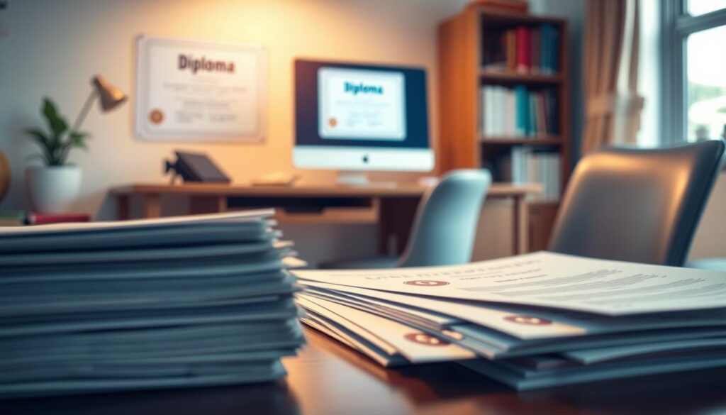 Comprar Diploma Catalão Online - Realiza Dipl. 1 A serene and secure educational document scene. In the foreground, a stack of official-looking papers with secure stamps and seals, exuding a sense of authenticity and legitimacy. The middle ground features a desk with a computer, projecting an image of a diploma on the screen, emphasizing the digital security measures. In the background, a bookshelf and a window, suggesting an academic setting. The lighting is soft and warm, creating a professional and trustworthy atmosphere. The angle is slightly elevated, providing a comprehensive view of the scene and its attention to detail in document security.