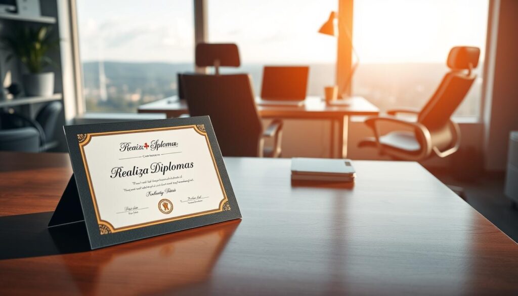 A serene and secure office setting, bathed in warm, natural lighting. In the foreground, a professional-looking diploma certificate bearing the "Realiza Diplomas" brand proudly displayed on a polished wooden desk. The middle ground showcases a modern, minimalist workspace with a laptop, stationery, and a sleek ergonomic chair, conveying a sense of trustworthiness and reliability. In the background, a large window offers a scenic vista, creating an atmosphere of confidence and tranquility. The overall scene evokes a feeling of safety and assurance when purchasing a diploma from Realiza Diplomas. A serene and secure office setting, bathed in warm, natural lighting. In the foreground, a professional-looking diploma certificate bearing the "Realiza Diplomas" brand proudly displayed on a polished wooden desk. The middle ground showcases a modern, minimalist workspace with a laptop, stationery, and a sleek ergonomic chair, conveying a sense of trustworthiness and reliability. In the background, a large window offers a scenic vista, creating an atmosphere of confidence and tranquility. The overall scene evokes a feeling of safety and assurance when purchasing a diploma from Realiza Diplomas.
