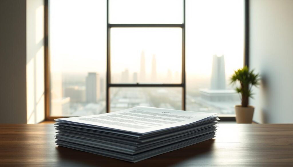 Comprar Diploma Caldas Novas - Realiza Diplomas Personalizados 2 A serene, modern office setting with a minimalist aesthetic. In the foreground, a neatly organized desk showcases a stack of official-looking documents, conveying a sense of trustworthiness and reliability. The middle ground features a large window overlooking a picturesque cityscape, bathing the scene in warm, natural lighting. The background is clean and uncluttered, with subtle, muted tones that create a calming and professional atmosphere. The overall composition exudes a sense of confidence, attention to detail, and a commitment to providing a dependable document service.