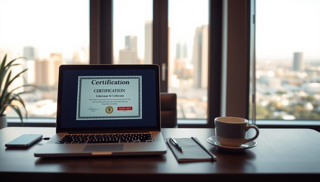 A serene office setting with a professional yet welcoming atmosphere. In the foreground, a laptop displays a certificate, representing the advantages of certification. The middle ground features a neatly organized desk with a pen, notebook, and a cup of coffee, symbolizing productivity and focus. The background showcases a large window overlooking a picturesque cityscape, bathed in soft, warm lighting that creates a sense of tranquility. The overall scene conveys the benefits of certification, including enhanced credibility, career advancement, and personal growth. A serene office setting with a professional yet welcoming atmosphere. In the foreground, a laptop displays a certificate, representing the advantages of certification. The middle ground features a neatly organized desk with a pen, notebook, and a cup of coffee, symbolizing productivity and focus. The background showcases a large window overlooking a picturesque cityscape, bathed in soft, warm lighting that creates a sense of tranquility. The overall scene conveys the benefits of certification, including enhanced credibility, career advancement, and personal growth.