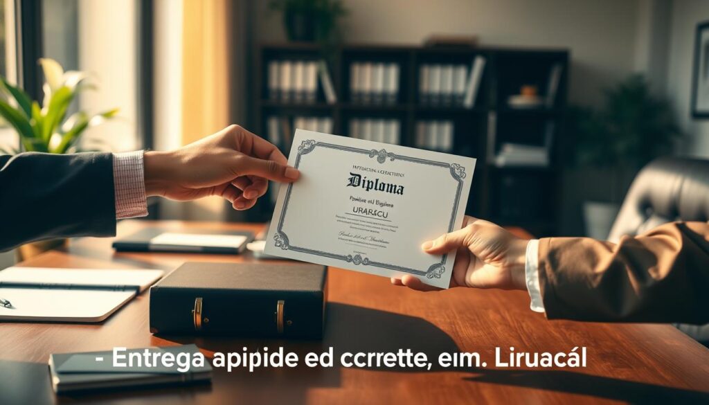 Comprar Diploma Uruaçu - Realiza Diplomas 1 A serene office setting, with a well-organized desk showcasing a diploma being quickly and discreetly handed over. The scene is bathed in warm, natural lighting, casting a soft glow on the transaction. The diploma's design evokes a sense of legitimacy and professionalism. In the background, a bookshelf and potted plant add subtle sophistication, while the overall atmosphere conveys a sense of trust and confidentiality. The focus is on the swift and secure delivery of the diploma, reflecting the section's title "Entrega Rápida e Discreta em Uruaçu".