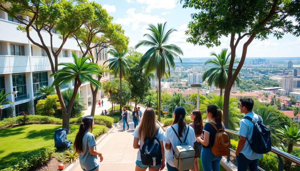 A serene, sun-drenched university campus in Paraguay, with lush greenery and modern, well-equipped medical facilities. In the foreground, a group of international students excitedly discussing the advantages of studying medicine here - the affordable tuition, the hands-on clinical experience, and the opportunity to earn a respected medical degree. In the background, a panoramic view of the vibrant city skyline, hinting at the diverse cultural and recreational opportunities available to students. The scene conveys a sense of opportunity, quality education, and the potential for a fulfilling medical career, all within the welcoming and supportive environment of Paraguay. A serene, sun-drenched university campus in Paraguay, with lush greenery and modern, well-equipped medical facilities. In the foreground, a group of international students excitedly discussing the advantages of studying medicine here - the affordable tuition, the hands-on clinical experience, and the opportunity to earn a respected medical degree. In the background, a panoramic view of the vibrant city skyline, hinting at the diverse cultural and recreational opportunities available to students. The scene conveys a sense of opportunity, quality education, and the potential for a fulfilling medical career, all within the welcoming and supportive environment of Paraguay.