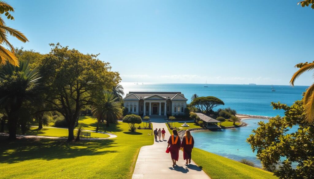 Comprar Diploma Trindade: O que Você Precisa Saber 1 A serene university campus nestled in the idyllic island of Trindade, surrounded by lush greenery and crystal-clear waters. In the foreground, a group of students strolling along a path, their academic gowns billowing in the gentle breeze. The central building, a grand, stately structure with ornate architecture, stands as a symbol of knowledge and prestige. Sunlight filters through the trees, casting a warm, golden glow over the scene. In the background, the distant horizon is dotted with sailboats, reflecting the island's tranquil, coastal charm. The overall atmosphere exudes a sense of academic excellence, opportunity, and the natural beauty that Trindade has to offer.