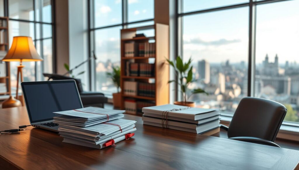 Comprar Diploma Morrinhos: Realiza seu Diploma 2 A serene, well-organized office setting with a focus on academic document services. In the foreground, a wooden desk features a laptop, stacks of papers, and a stylized diploma certificate. Warm lighting from a desk lamp casts a cozy glow, while a bookshelf in the middle ground holds volumes on academic subjects. In the background, large windows overlook a picturesque cityscape, hinting at the professional, high-quality nature of the services offered. The overall atmosphere conveys trust, expertise, and a commitment to academic excellence.