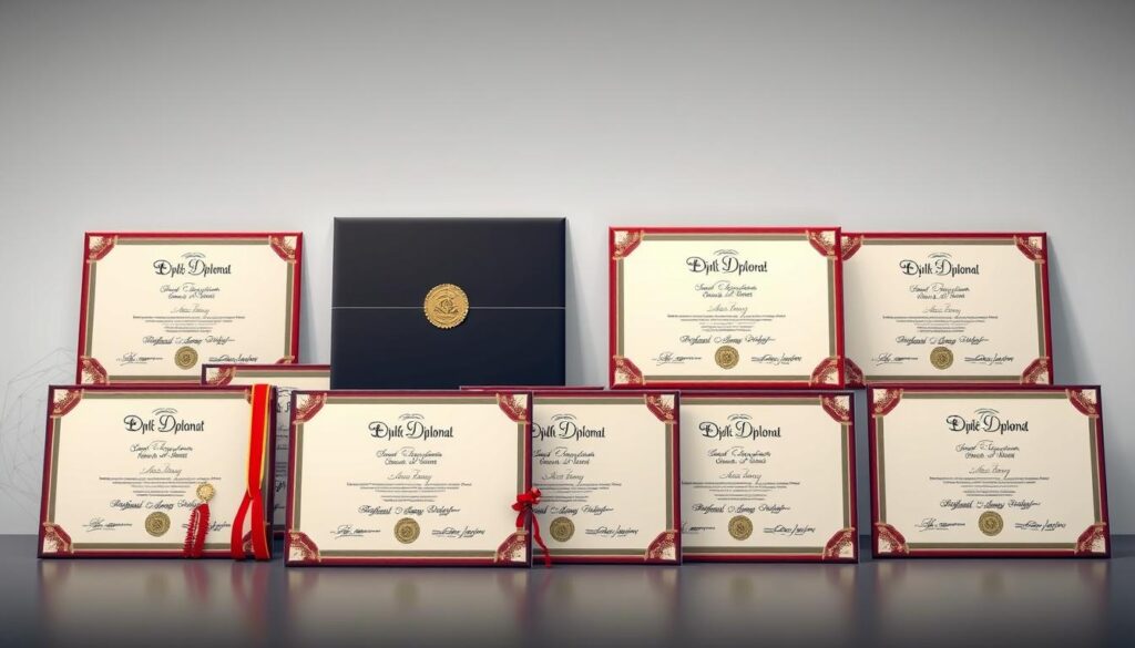 A sleek and modern arrangement of various diploma certificates, neatly displayed against a minimalist background. The diplomas are rendered with a high level of detail, showcasing their intricate designs, embossed seals, and authentic textures. The lighting is soft and diffused, creating a sense of professionalism and authority. The composition is balanced, with the diplomas taking center stage, surrounded by a clean and uncluttered space that allows them to shine. The overall atmosphere conveys a sense of academic achievement, prestige, and the availability of diverse certification options. A sleek and modern arrangement of various diploma certificates, neatly displayed against a minimalist background. The diplomas are rendered with a high level of detail, showcasing their intricate designs, embossed seals, and authentic textures. The lighting is soft and diffused, creating a sense of professionalism and authority. The composition is balanced, with the diplomas taking center stage, surrounded by a clean and uncluttered space that allows them to shine. The overall atmosphere conveys a sense of academic achievement, prestige, and the availability of diverse certification options.