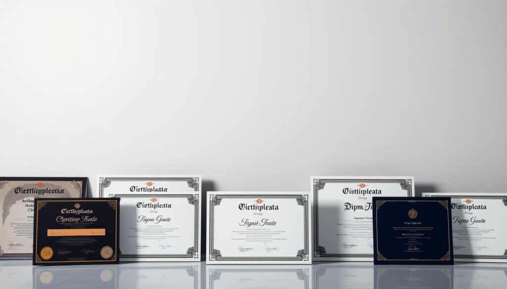 A sleek, modern arrangement of various diploma certificates on a clean, minimalist background. In the foreground, several diploma designs are displayed, showcasing different colors, layouts, and embellishments, conveying a sense of variety and quality. The middle ground features a subtle shadow or reflection, adding depth and dimension. The background is a muted, neutral tone, allowing the diplomas to take center stage. The lighting is soft and diffused, highlighting the intricate details and textures of the diplomas. The overall mood is professional, sophisticated, and visually appealing, reflecting the high-quality nature of the available diploma options. A sleek, modern arrangement of various diploma certificates on a clean, minimalist background. In the foreground, several diploma designs are displayed, showcasing different colors, layouts, and embellishments, conveying a sense of variety and quality. The middle ground features a subtle shadow or reflection, adding depth and dimension. The background is a muted, neutral tone, allowing the diplomas to take center stage. The lighting is soft and diffused, highlighting the intricate details and textures of the diplomas. The overall mood is professional, sophisticated, and visually appealing, reflecting the high-quality nature of the available diploma options.