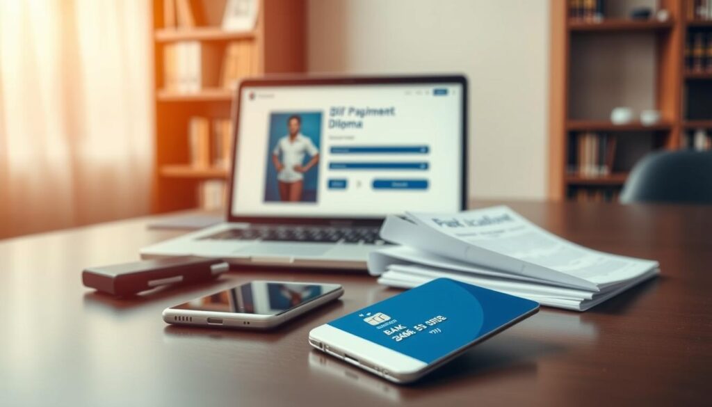 A sleek, modern desk showcasing various payment options for obtaining an academic diploma. In the foreground, a credit card, a mobile payment device, and a bank transfer slip are neatly arranged, conveying a sense of convenience and flexibility. The middle ground features a laptop displaying a secure online payment portal, while the background subtly depicts a bookshelf, symbolizing the educational context. Warm, directional lighting creates a professional and trustworthy atmosphere, highlighting the seamless payment experience. The overall composition emphasizes the ease and accessibility of the diploma acquisition process. A sleek, modern desk showcasing various payment options for obtaining an academic diploma. In the foreground, a credit card, a mobile payment device, and a bank transfer slip are neatly arranged, conveying a sense of convenience and flexibility. The middle ground features a laptop displaying a secure online payment portal, while the background subtly depicts a bookshelf, symbolizing the educational context. Warm, directional lighting creates a professional and trustworthy atmosphere, highlighting the seamless payment experience. The overall composition emphasizes the ease and accessibility of the diploma acquisition process.