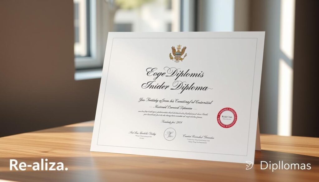 A sleek, modern diploma certificate displayed on a minimalist wooden desk, with a subtle Realiza Diplomas watermark in the corner. The diploma is prominently featured, its elegant cursive text and official seals reflecting the quality and authenticity of this registered academic credential. Soft, natural lighting from a window casts a warm glow, conveying a sense of prestige and legitimacy. The overall composition is clean, balanced, and visually appealing, inviting the viewer to appreciate the value and significance of this registered diploma.