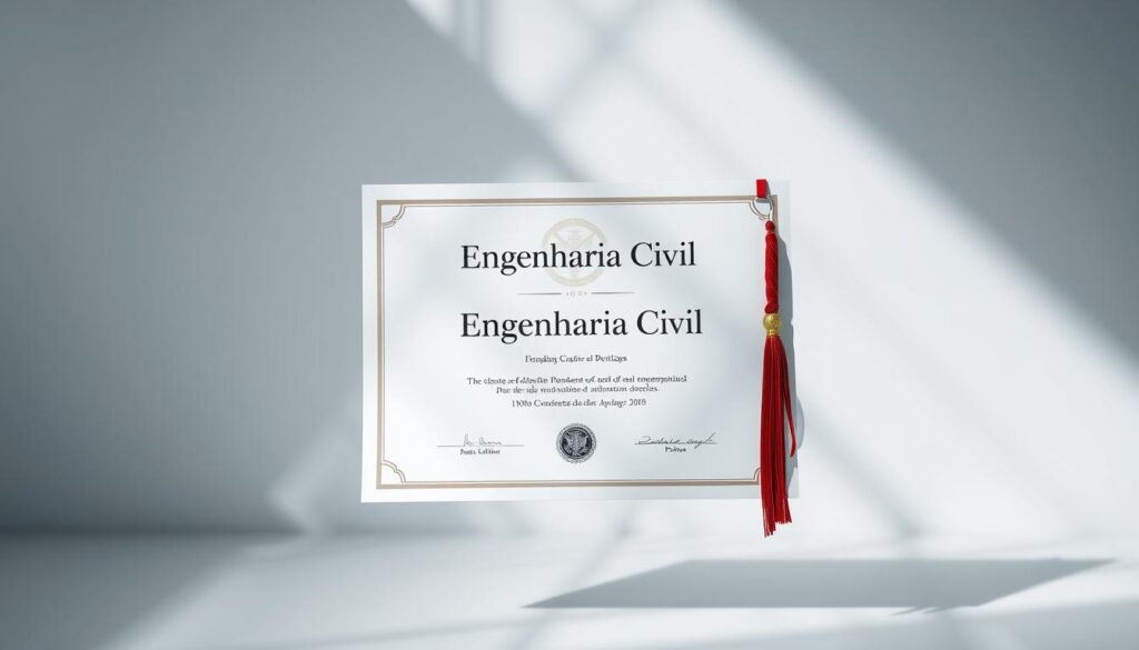 A sleek, modern diploma certificate floating in a serene, minimalist environment. The diploma's design features the words "Engenharia Civil" prominently displayed in a clean, professional font. Soft, directional lighting from the top left casts subtle shadows, adding depth and dimension. The diploma hovers against a hazy, out-of-focus background, conveying a sense of exclusivity and prestige. The overall tone is one of sophistication and achievement, reflecting the value of an online civil engineering degree. Comprar Diploma de Engenharia Civil