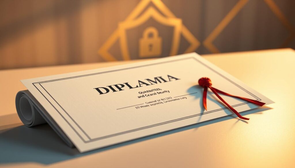 A sleek, modern diploma certificate resting on a clean, well-lit desk, cast in warm, golden tones. In the background, a minimalist geometric pattern representing security and validity, with subtle metallic accents. The diploma's surface reflects the light, conveying a sense of authenticity and legitimacy. The overall scene radiates a professional, trustworthy atmosphere, perfectly capturing the "Guarantees and Security" theme of the article. A sleek, modern diploma certificate resting on a clean, well-lit desk, cast in warm, golden tones. In the background, a minimalist geometric pattern representing security and validity, with subtle metallic accents. The diploma's surface reflects the light, conveying a sense of authenticity and legitimacy. The overall scene radiates a professional, trustworthy atmosphere, perfectly capturing the "Guarantees and Security" theme of the article.