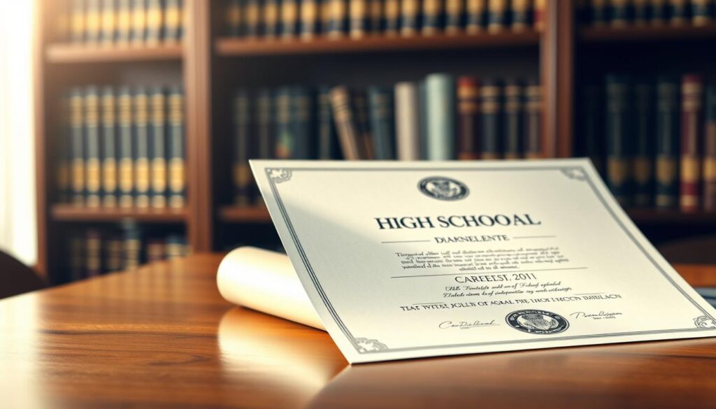 A sleek, modern diploma certificate resting on a polished wooden desk, illuminated by soft, warm lighting. In the background, a blurred, elegant bookshelf filled with academic tomes, conveying a sense of prestige and achievement. The diploma's design features clean typography, an embossed seal, and a subtle, metallic sheen, exuding a sense of legitimacy and authority. The overall scene evokes a professional, aspirational atmosphere, capturing the allure of obtaining a high school diploma through a discreet, streamlined process. A sleek, modern diploma certificate resting on a polished wooden desk, illuminated by soft, warm lighting. In the background, a blurred, elegant bookshelf filled with academic tomes, conveying a sense of prestige and achievement. The diploma's design features clean typography, an embossed seal, and a subtle, metallic sheen, exuding a sense of legitimacy and authority. The overall scene evokes a professional, aspirational atmosphere, capturing the allure of obtaining a high school diploma through a discreet, streamlined process.