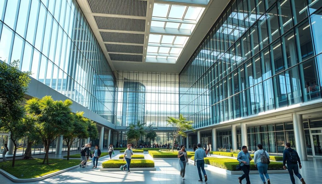 A sleek, modern federal campus situated in the heart of Cidade Ocidental, Brazil. The sprawling complex features a harmonious blend of glass, steel, and concrete, with clean, geometric architecture that exudes a sense of innovation and academic excellence. Sunlight filters through the floor-to-ceiling windows, casting a warm, inviting glow across the open-concept learning spaces and lush, meticulously landscaped courtyards. Students and faculty navigate the campus with a sense of purpose, engaged in thoughtful discussions and collaborative research, hinting at the institution's commitment to shaping the future of education in this vibrant city. A sleek, modern federal campus situated in the heart of Cidade Ocidental, Brazil. The sprawling complex features a harmonious blend of glass, steel, and concrete, with clean, geometric architecture that exudes a sense of innovation and academic excellence. Sunlight filters through the floor-to-ceiling windows, casting a warm, inviting glow across the open-concept learning spaces and lush, meticulously landscaped courtyards. Students and faculty navigate the campus with a sense of purpose, engaged in thoughtful discussions and collaborative research, hinting at the institution's commitment to shaping the future of education in this vibrant city.