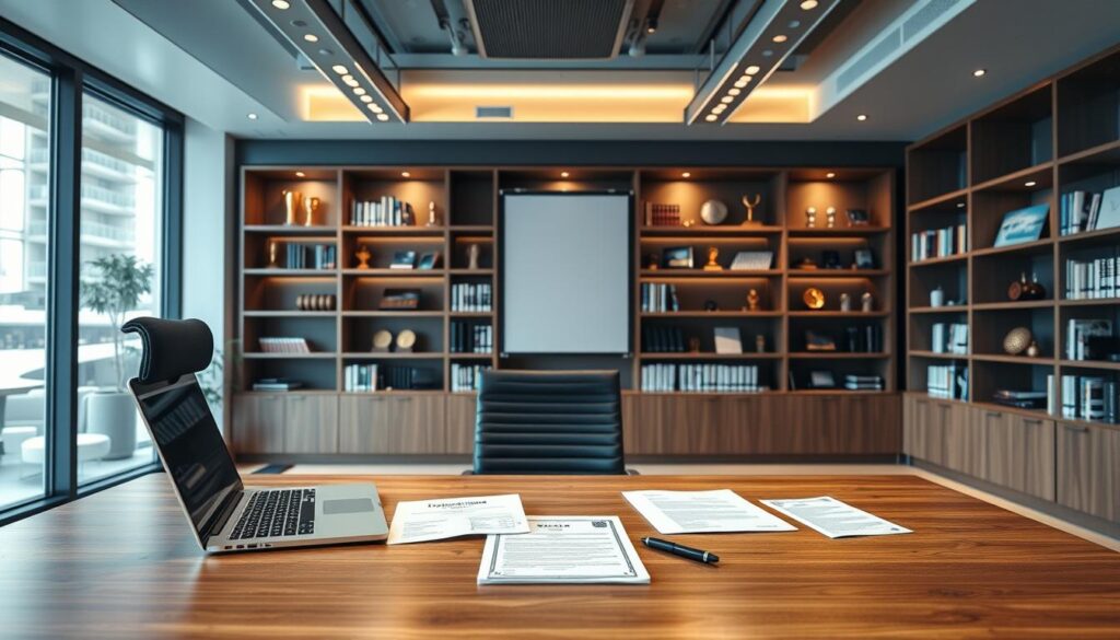 Comprar Diploma Senador Canedo: O que Você Precisa Saber 1 A sleek, modern office interior with a large wooden desk and ergonomic chair. On the desk, a laptop, a pen, and various documents representing the process of purchasing a certificate. Soft, diffused lighting from overhead fixtures creates a professional atmosphere. The background features shelves filled with books and awards, conveying a sense of expertise and authority. The overall scene suggests an efficient, streamlined process of acquiring an official document or credential.