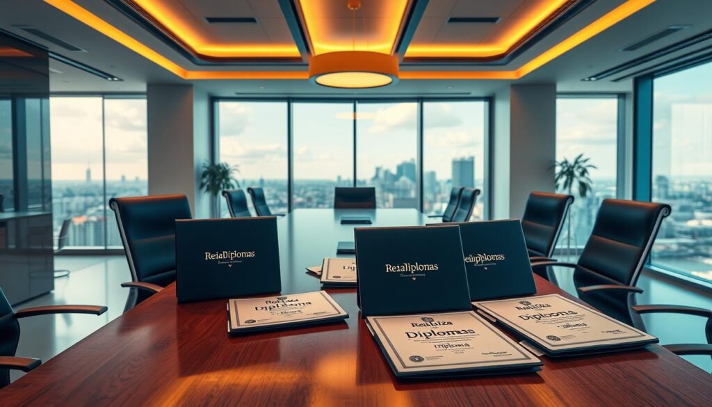 A sleek, modern office interior with a large wooden desk and ergonomic chairs. On the desk, several diploma folders are neatly arranged, reflecting the "Realiza Diplomas" brand. Warm, indirect lighting creates a professional atmosphere, while a large window in the background overlooks a picturesque cityscape. The focus is on the diploma folders, conveying a sense of accomplishment and the timely delivery of academic credentials. A sleek, modern office interior with a large wooden desk and ergonomic chairs. On the desk, several diploma folders are neatly arranged, reflecting the "Realiza Diplomas" brand. Warm, indirect lighting creates a professional atmosphere, while a large window in the background overlooks a picturesque cityscape. The focus is on the diploma folders, conveying a sense of accomplishment and the timely delivery of academic credentials.