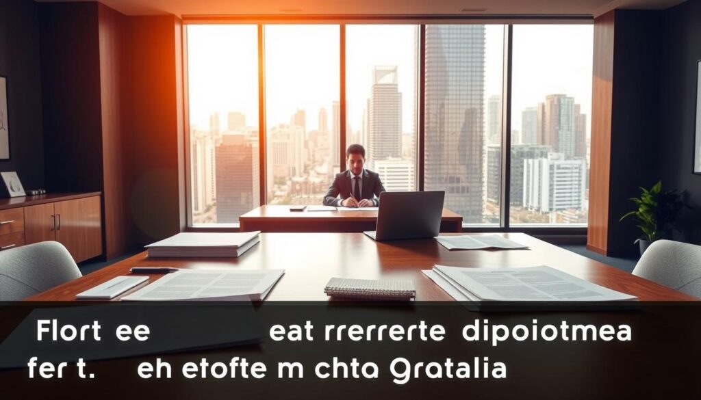 Comprar Diploma Goianésia: Realiza Diplomas com Facilidade 1 A sleek, modern office interior with a large, wooden desk in the foreground. On the desk, various documents, a laptop, and a pen are arranged neatly. In the middle ground, a person in professional attire is seated at the desk, focused on their work. The background features a floor-to-ceiling window overlooking a vibrant, urban cityscape, bathed in warm, natural light. The scene conveys a sense of efficiency, professionalism, and the smooth, streamlined process of obtaining a diploma from Goianésia.