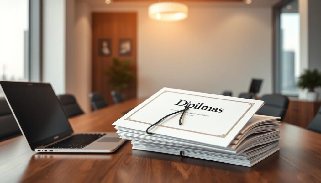 A sleek, modern office interior with a wooden desk showcasing a stack of diplomas and certificates. In the foreground, a laptop and a stylized "Realiza Diplomas" logo are prominently displayed. The middle ground features a well-lit, minimalist workspace with subtle gray and white tones, creating a professional and trustworthy atmosphere. The background is blurred, hinting at a large window overlooking a cityscape, suggesting a reputable, established institution. The lighting is warm and directional, casting soft shadows and highlighting the detailed textures of the diplomas. The overall composition conveys a sense of quality, reliability, and efficiency in obtaining official academic credentials. A sleek, modern office interior with a wooden desk showcasing a stack of diplomas and certificates. In the foreground, a laptop and a stylized "Realiza Diplomas" logo are prominently displayed. The middle ground features a well-lit, minimalist workspace with subtle gray and white tones, creating a professional and trustworthy atmosphere. The background is blurred, hinting at a large window overlooking a cityscape, suggesting a reputable, established institution. The lighting is warm and directional, casting soft shadows and highlighting the detailed textures of the diplomas. The overall composition conveys a sense of quality, reliability, and efficiency in obtaining official academic credentials.