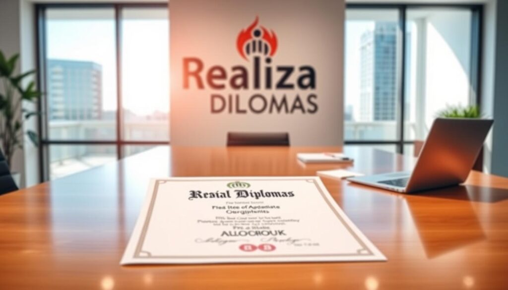 A sleek, modern office workspace with a prominently displayed Realiza Diplomas logo. In the foreground, a high-quality diploma certificate rests on a polished wooden desk, radiating a sense of professionalism and legitimacy. The middle ground features a laptop and stationery, conveying the efficient and streamlined process of obtaining a diploma. The background showcases floor-to-ceiling windows, allowing natural light to flood the space and create a warm, inviting atmosphere. The overall scene exudes a feeling of trust, reliability, and a swift delivery of the requested diploma. A sleek, modern office workspace with a prominently displayed Realiza Diplomas logo. In the foreground, a high-quality diploma certificate rests on a polished wooden desk, radiating a sense of professionalism and legitimacy. The middle ground features a laptop and stationery, conveying the efficient and streamlined process of obtaining a diploma. The background showcases floor-to-ceiling windows, allowing natural light to flood the space and create a warm, inviting atmosphere. The overall scene exudes a feeling of trust, reliability, and a swift delivery of the requested diploma.
