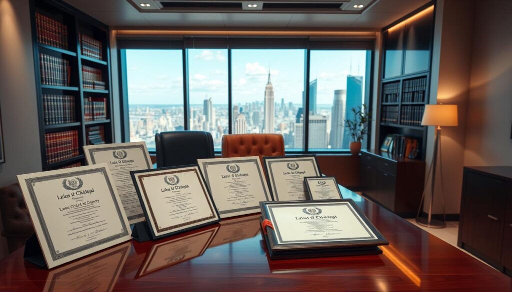 Comprar Diploma Caldas Novas - Realiza Diplomas Personalizados 1 A sleek, professional office interior with an elegant wooden desk showcasing a variety of diplomas and certificates. The diplomas are arranged neatly, with diverse designs and colors that reflect different academic disciplines and institutions. The lighting is soft and warm, creating a scholarly yet welcoming atmosphere. In the background, a bookshelf filled with leather-bound volumes and a large window overlooking a picturesque city skyline. The overall composition conveys a sense of achievement, knowledge, and the prestige associated with earning various types of diplomas.