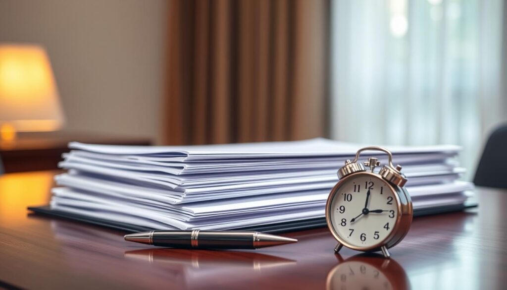 A stack of official-looking documents, their edges crisp and their corners neatly aligned, resting on a dark, polished wooden desk. Soft, diffused lighting from a window casts a warm glow, hinting at a professional, elegant setting. In the foreground, a pen and a clock sit in perfect symmetry, conveying a sense of order and timeliness. The background is slightly blurred, drawing the viewer's focus to the central documents, which represent the "prazo de entrega de documentos" - the timely delivery of important papers. The overall atmosphere is one of efficiency, reliability, and attention to detail, reflecting the essence of the "Comprar Diploma Belo Horizonte MG" subject.