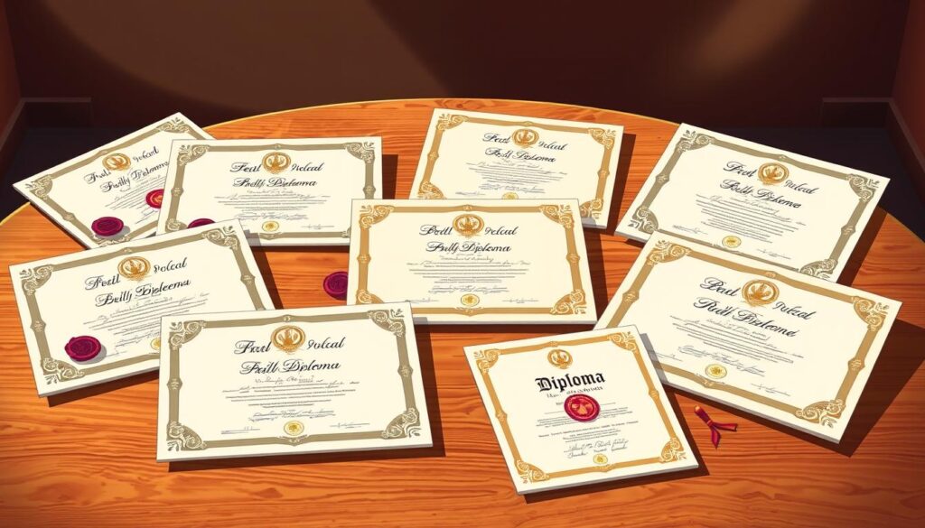 Comprar Diploma Goianira: Realiza Diplomas com Facilidade 1 A stylized illustration showcasing a variety of diplomas and certificates arranged neatly on a wooden table. The diplomas have ornate borders, elegant calligraphy, and official seals, reflecting their formal and prestigious nature. The table is illuminated by warm, directional lighting, creating depth and highlighting the textures of the documents. The background is softly blurred, keeping the focus on the diplomas as the central subject. The overall tone is one of academic accomplishment, professionalism, and attention to detail.