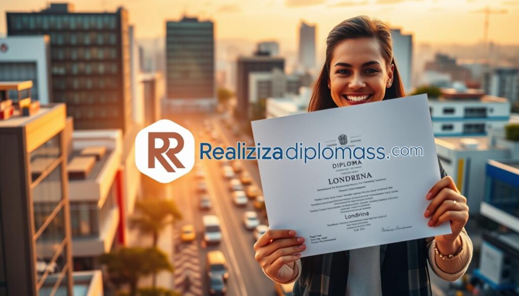 A vibrant and dynamic scene showcasing the importance of professional recognition. In the foreground, a person confidently holds a diploma, their expression radiating a sense of pride and accomplishment. The middle ground features a stylized representation of the Realizadiplomas.com logo, symbolizing the value and legitimacy of the diploma. In the background, a lively cityscape of Londrina comes into view, with modern architecture and bustling streets, conveying the professional opportunities available. The scene is bathed in warm, golden lighting, creating an atmosphere of success and fulfillment. The overall composition emphasizes the significance of obtaining a recognized diploma and the doors it can open in the dynamic city of Londrina. A vibrant and dynamic scene showcasing the importance of professional recognition. In the foreground, a person confidently holds a diploma, their expression radiating a sense of pride and accomplishment. The middle ground features a stylized representation of the Realizadiplomas.com logo, symbolizing the value and legitimacy of the diploma. In the background, a lively cityscape of Londrina comes into view, with modern architecture and bustling streets, conveying the professional opportunities available. The scene is bathed in warm, golden lighting, creating an atmosphere of success and fulfillment. The overall composition emphasizes the significance of obtaining a recognized diploma and the doors it can open in the dynamic city of Londrina.
