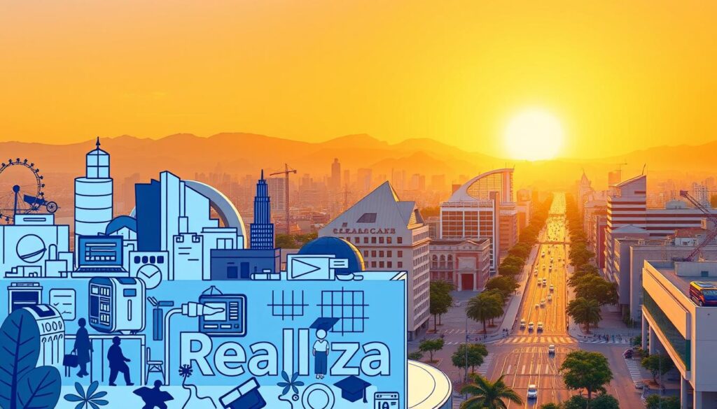 A vibrant scene of the most sought-after courses in Araucária, Brazil. In the foreground, a stylized illustration showcases a diverse array of academic disciplines, from engineering and business to healthcare and technology, all against a backdrop of the Realiza Diplomas brand. The middle ground features a dynamic cityscape, with modern architecture and bustling streets, hinting at the educational and professional opportunities available in this thriving region. The background is a warm, golden-hued sunset, creating a sense of optimism and growth. Crisp, high-resolution details and a slightly muted color palette convey a sophisticated, aspirational atmosphere. A vibrant scene of the most sought-after courses in Araucária, Brazil. In the foreground, a stylized illustration showcases a diverse array of academic disciplines, from engineering and business to healthcare and technology, all against a backdrop of the Realiza Diplomas brand. The middle ground features a dynamic cityscape, with modern architecture and bustling streets, hinting at the educational and professional opportunities available in this thriving region. The background is a warm, golden-hued sunset, creating a sense of optimism and growth. Crisp, high-resolution details and a slightly muted color palette convey a sophisticated, aspirational atmosphere.