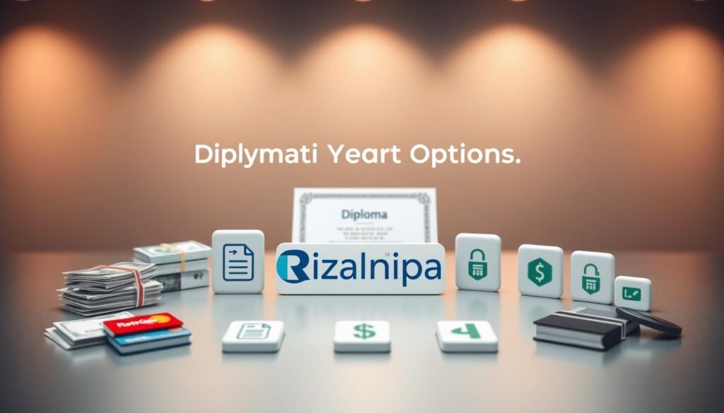 A visually striking diploma payment options display, featuring the Realiza Diplomas logo prominently placed. The foreground showcases a variety of payment methods - cash, credit cards, bank transfer icons - elegantly arranged on a sleek, modern background. The middle ground depicts a diploma certificate, symbolizing the accessible and transparent payment process. The lighting is soft and warm, creating a professional, trustworthy atmosphere. The overall composition conveys a sense of reliability, accessibility, and a commitment to providing a seamless purchasing experience for customers seeking Realiza Diplomas' registered and MEC-approved credentials. A visually striking diploma payment options display, featuring the Realiza Diplomas logo prominently placed. The foreground showcases a variety of payment methods - cash, credit cards, bank transfer icons - elegantly arranged on a sleek, modern background. The middle ground depicts a diploma certificate, symbolizing the accessible and transparent payment process. The lighting is soft and warm, creating a professional, trustworthy atmosphere. The overall composition conveys a sense of reliability, accessibility, and a commitment to providing a seamless purchasing experience for customers seeking Realiza Diplomas' registered and MEC-approved credentials.