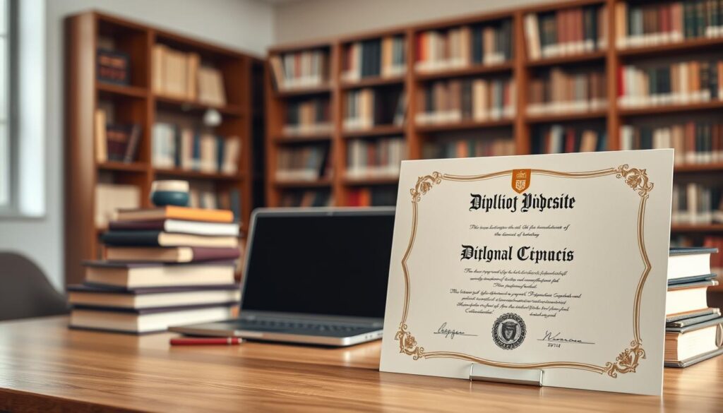 Comprar Diploma Novo Gama - Realiza Diplomas Autênticos 2 A well-lit, academic setting with a sturdy wooden desk, stacks of hardcover books, and a laptop displaying university documents. In the foreground, a diploma certificate stands proudly, its ornate design and official seal reflecting the quality and authenticity of the academic achievement. The background features a wall of bookshelves, lending an air of scholarly prestige, while a large window allows natural light to pour in, creating a warm and inviting atmosphere. The overall composition conveys the advantages of possessing high-quality, legitimate academic documents - a sense of accomplishment, credibility, and the opportunities they can unlock.
