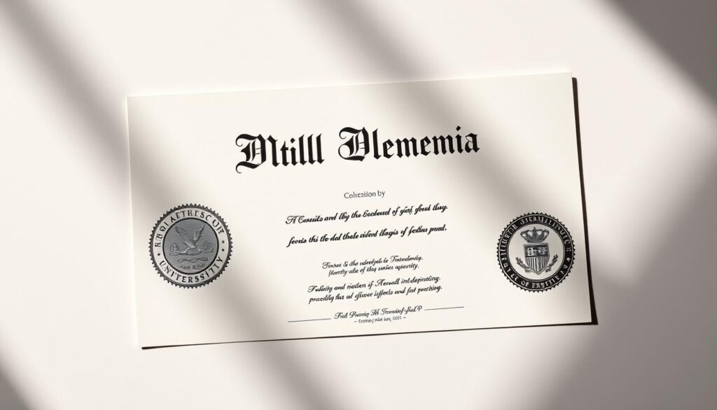 Elegant diploma against a refined background, showcasing intricate security elements. Centered on the diploma, featuring watermarks, embossed seals, and subtle microprinting that attest to its authenticity. The diploma is illuminated by soft, directional lighting, casting subtle shadows that accentuate the textured security features. The overall composition conveys a sense of prestige and reliability, befitting a recognized academic credential. Elegant diploma against a refined background, showcasing intricate security elements. Centered on the diploma, featuring watermarks, embossed seals, and subtle microprinting that attest to its authenticity. The diploma is illuminated by soft, directional lighting, casting subtle shadows that accentuate the textured security features. The overall composition conveys a sense of prestige and reliability, befitting a recognized academic credential.