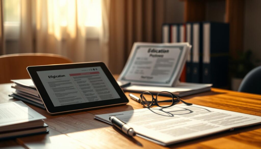 High-quality educational documents showcased on a wooden desktop, illuminated by warm, natural lighting that casts soft shadows. The foreground features neatly organized papers, folders, and a tablet displaying educational content. The middle ground includes a few carefully placed office supplies, such as a pen, highlighter, and a pair of reading glasses, conveying a sense of professionalism and attention to detail. The background subtly blurs, emphasizing the focus on the educational materials. The overall atmosphere radiates a sense of trust, reliability, and expertise in providing registered diplomas from the Brazilian Ministry of Education. High-quality educational documents showcased on a wooden desktop, illuminated by warm, natural lighting that casts soft shadows. The foreground features neatly organized papers, folders, and a tablet displaying educational content. The middle ground includes a few carefully placed office supplies, such as a pen, highlighter, and a pair of reading glasses, conveying a sense of professionalism and attention to detail. The background subtly blurs, emphasizing the focus on the educational materials. The overall atmosphere radiates a sense of trust, reliability, and expertise in providing registered diplomas from the Brazilian Ministry of Education.