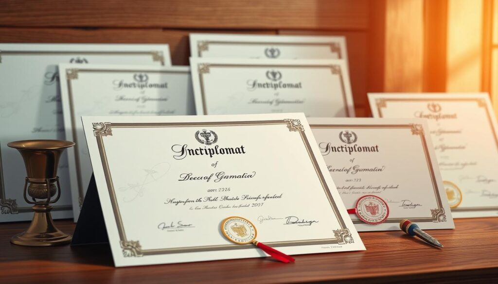 High-quality, photorealistic illustration of various types of diplomas available, showcased on a wooden table or desk. The diplomas should be prominently displayed, with attention to intricate details such as embossed seals, signatures, and decorative borders. The lighting should be soft and natural, creating a warm, professional atmosphere. The composition should be balanced, with the diplomas taking up the majority of the frame, and a subtle background featuring subtle textures or gradients to complement the main subject. The overall mood should convey a sense of credibility, authority, and academic achievement. High-quality, photorealistic illustration of various types of diplomas available, showcased on a wooden table or desk. The diplomas should be prominently displayed, with attention to intricate details such as embossed seals, signatures, and decorative borders. The lighting should be soft and natural, creating a warm, professional atmosphere. The composition should be balanced, with the diplomas taking up the majority of the frame, and a subtle background featuring subtle textures or gradients to complement the main subject. The overall mood should convey a sense of credibility, authority, and academic achievement.