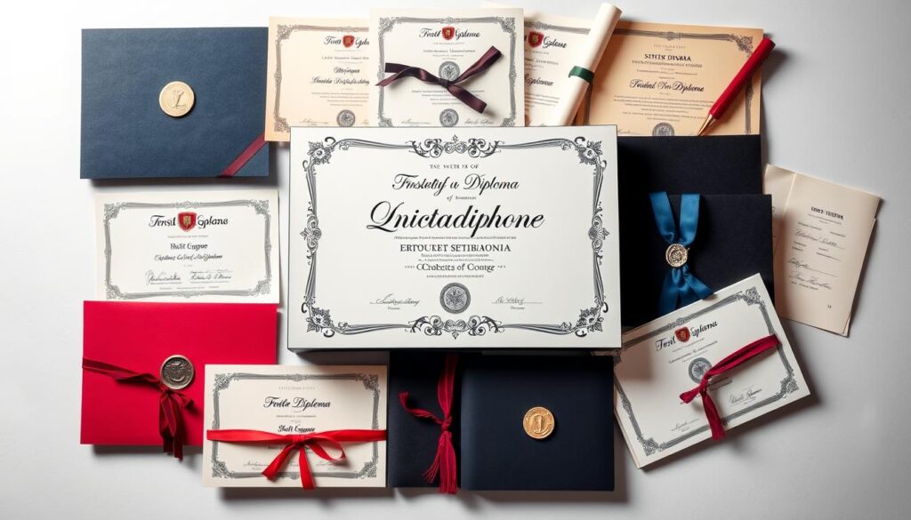 Tipos de diplomas disponíveis: a diverse collection of high-quality diplomas on a clean, professional background. A central diploma takes focus, showcasing intricate designs and official seals. Surrounding it, a variety of diploma types in various layouts, colors, and styles, representing the breadth of options available. Soft lighting casts subtle shadows, highlighting the textures and details. The overall scene conveys a sense of academic accomplishment, quality, and the opportunity to obtain a respected credential. Tipos de diplomas disponíveis: a diverse collection of high-quality diplomas on a clean, professional background. A central diploma takes focus, showcasing intricate designs and official seals. Surrounding it, a variety of diploma types in various layouts, colors, and styles, representing the breadth of options available. Soft lighting casts subtle shadows, highlighting the textures and details. The overall scene conveys a sense of academic accomplishment, quality, and the opportunity to obtain a respected credential.
