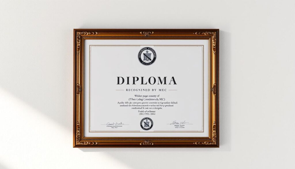 diploma recognized by the mec, high quality detailed image, realistic rendering, close-up view of diploma certificate in a elegant frame, realistic textures and materials, natural lighting, subtle shadows, clean and minimalist design, no distracting elements, focus on the diploma itself, showcasing its authenticity and recognition by the Brazilian Ministry of Education (MEC) diploma recognized by the mec, high quality detailed image, realistic rendering, close-up view of diploma certificate in a elegant frame, realistic textures and materials, natural lighting, subtle shadows, clean and minimalist design, no distracting elements, focus on the diploma itself, showcasing its authenticity and recognition by the Brazilian Ministry of Education (MEC)