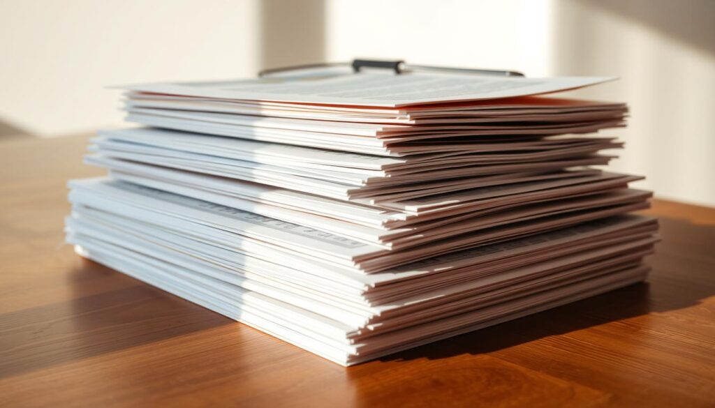 Comprar Diploma Goianésia: Realiza Diplomas com Facilidade 2 valores de documentos educacionais, official school and academic certificates, diplomas, transcripts, and credentials stacked neatly on a wooden table in warm, natural light, clean and minimalist composition, sense of organization and attention to detail, subtle textures and shadows, muted color palette, conveying the formality and importance of educational documents